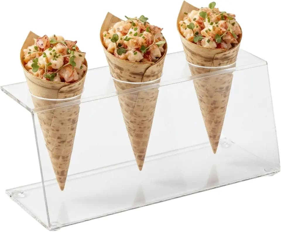 Restaurantware-Clear Tek 7.1 x 2.8 x 3.2 Ice Cream Cone Holder, 1 Premium Popcorn Cone Holder - Compatible Cones Are Sold Separately, 3 Holes, Clear Acrylic Stand, Display Candy Or French Fries
