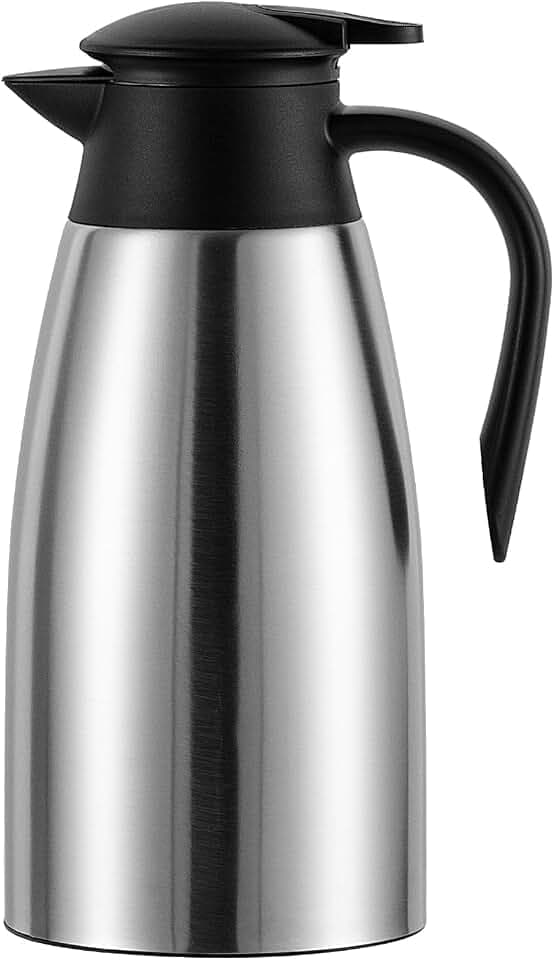 Thermoskanne 2 Liter, Edelstahl Kaffeekanne Thermos, Doppelwandige Vakuumisolation Kanne, leckdichter Einhandverschluss, geeignet für Büroalltag, Silberfarben