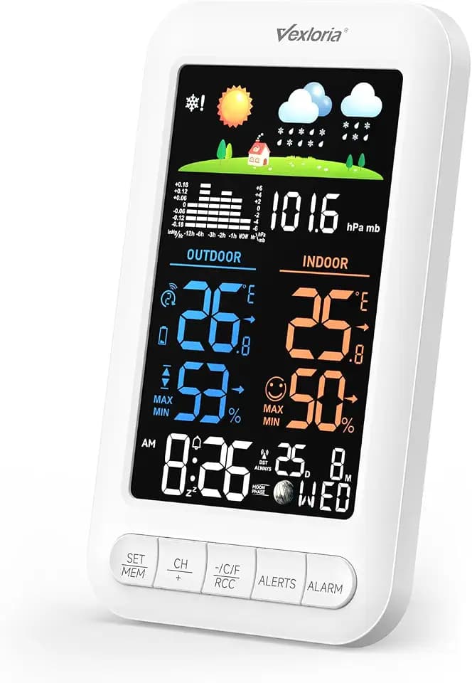 Vexloria Funk-Wetterstation Mit AußEnsensor, Digitale Dcf-Funkuhr, Raumthermometer, Raumhygrometer Mit Temperaturanzeige, Wettervorhersage, Zeitanzeige, Alarm, Upgrade-Version Weiß