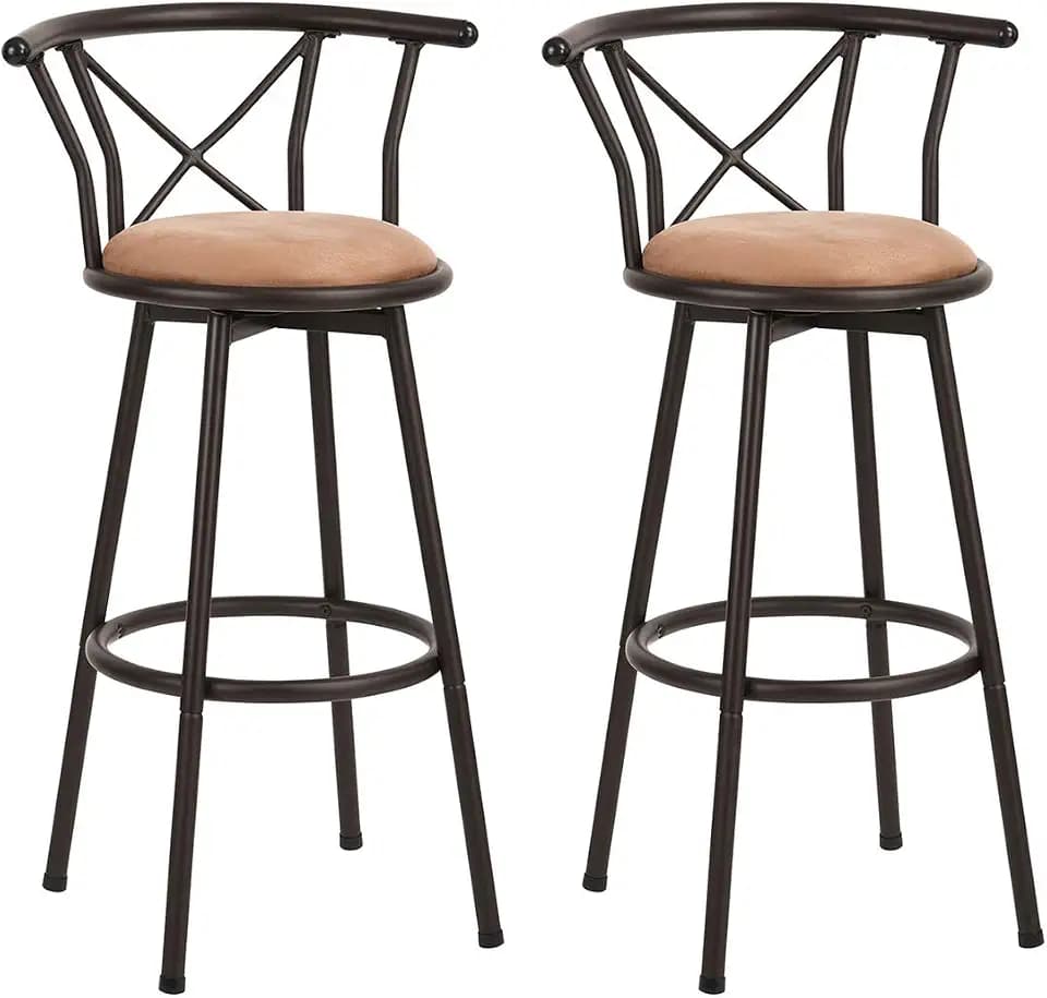 MEUBLE Cosy Barhocker 2er Set Barstühle Drehbarer 75,5 cm hoch Drehstühle mit Fußstütze Lehne und Wildledersitz, für Esszimmer, Küche, Theke, Bar, Industriestil, Braun