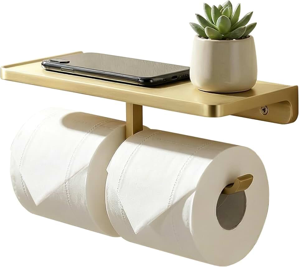 TRUSTMI Brushed Gold Dual Roll Toilet Paper Holder with Phone Shelf