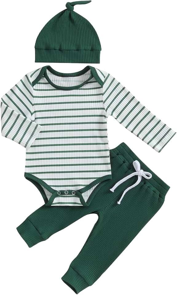 JiAmy Baby Jungen Kleidung Gestreift Body Strampler Langarm Top+Hose+Mütze Babykleidung Set Baumwolle Weiche Bekleidungsset für Neugeborene Kleinkinder 12-18 Monate Grün
