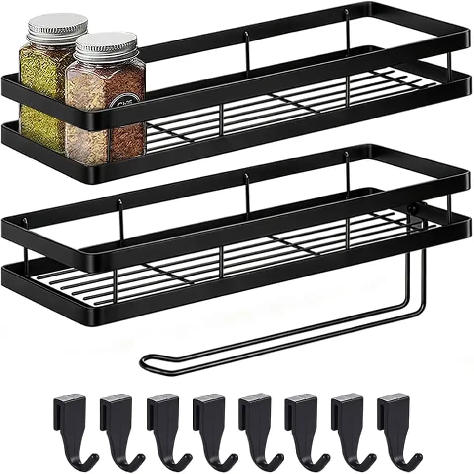 Gewürzregal Wand Ohne Bohren 2er Set mit küchenrollenhalter Hängend Küchenregal Metall Gewürzregal Selbstklebend Küchenregal Organizer mit 8 Haken für Küche Badezimmer Balkon 35 x 12 x 5,7 cm, Schwarz