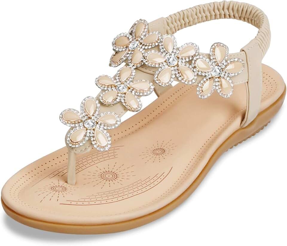 ZOEREA Damen Sandalen Sommer Flach Sandals, Frauen Bohemia Strass Sandals PU Leder Elastischen Strand Sommerschuhe Zehentrenner