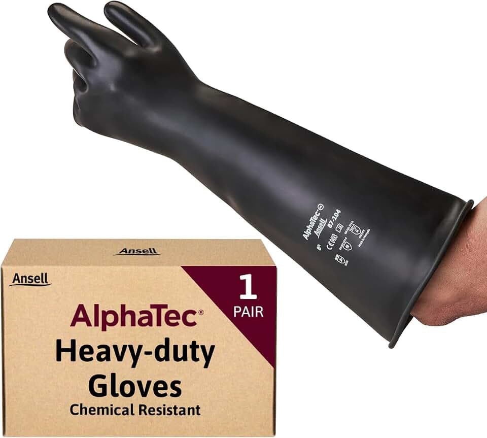Ansell AlphaTec 87-104, Hochbelastbare Chemikalienschutzhandschuhe, 43cm Lange Stulpen, Strapazierfähige Schwarze Naturkautschuk- Latex Handschuhe für Industrie, Große Gummihandschuhe, 1 Paar, Gr. L