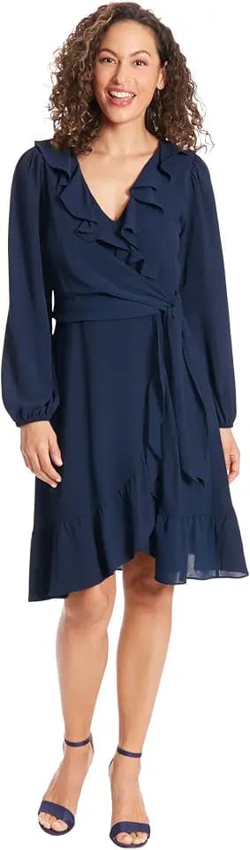 London Times Women's V-Neck Ruffle Detail Long Sleeve Dress | Wedding Guest Dresses for Women
