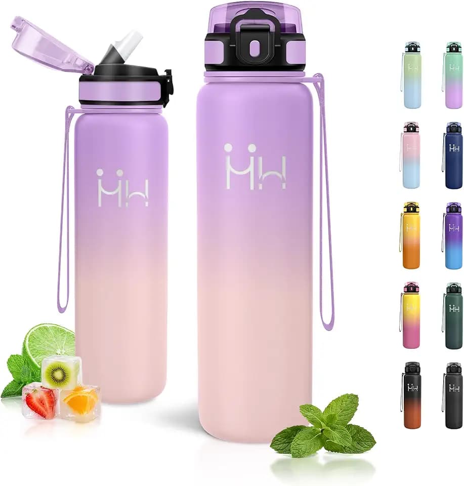 Trinkflasche mit Strohhalm 1L, BPA-Frei, Kohlensäure Geeignet, Vakuum Isolierflasche, Isolierflasche Auslaufsicher, Thermosflasche für Sport, Fitnessstudios, Outdoor