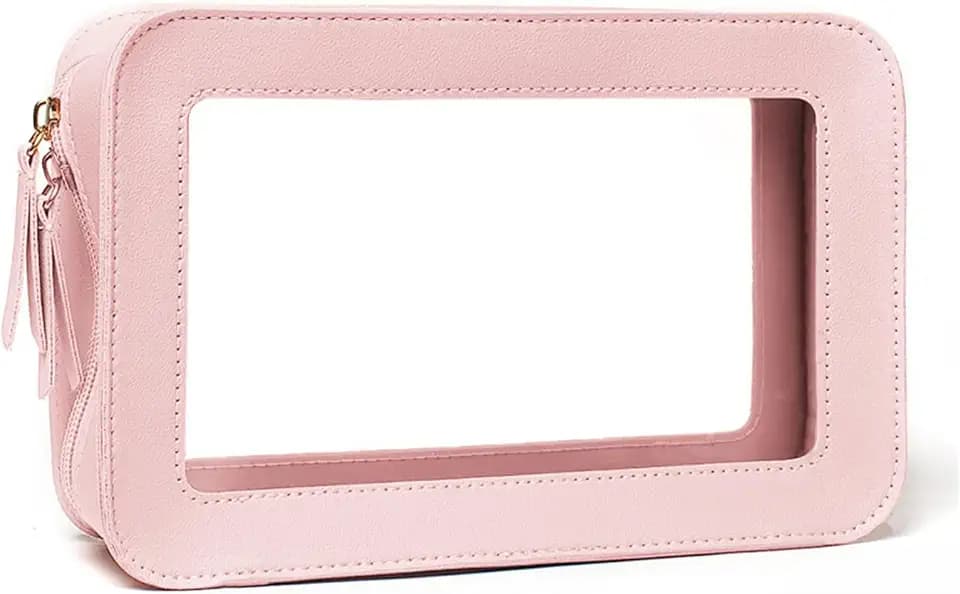 Clear Portable Makeup Bag Organizer TSA Approved Travel Toiletry Bag for Women Multipurpose Cosmetic Bag Case with Zipper with Transparent Vinyl Windows & Handle Strap