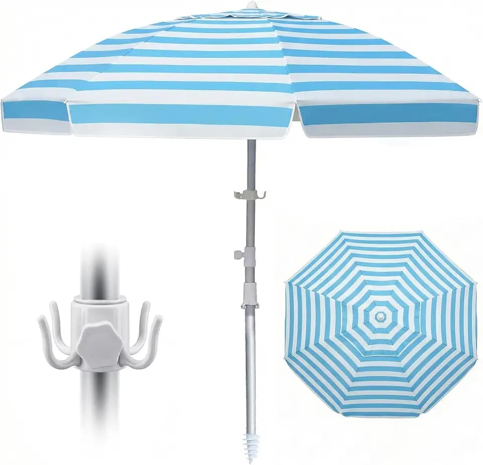 8ft Large Beach Umbrella,Heavy Duty Wind Resistant Portable Sun Shade w/Tilt Pole&Sand Anchor,Shoulder Carry Bag,Removable Hook,UV 50+ Protection,Air Vents Design for Patio Garden Pool