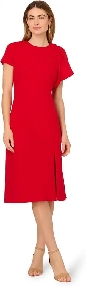 Adrianna Papell Women's Short Sleeve Crepe Midi Dress with Ruffle Shoulder