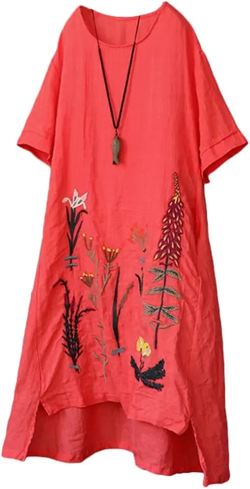 Minibee Women's Embroidered Linen Dress Summer Tunic Sundress