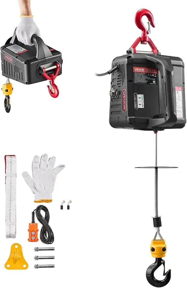 VEVOR 2-in-1 Electric Hoist Winch, 1100 lbs Capacity, 1500W Portable Power Winch Crane, 25 ft Lifting Height, 16.4 ft/min with Manual and Wired Remote Control for Factory, Warehouss, Garage