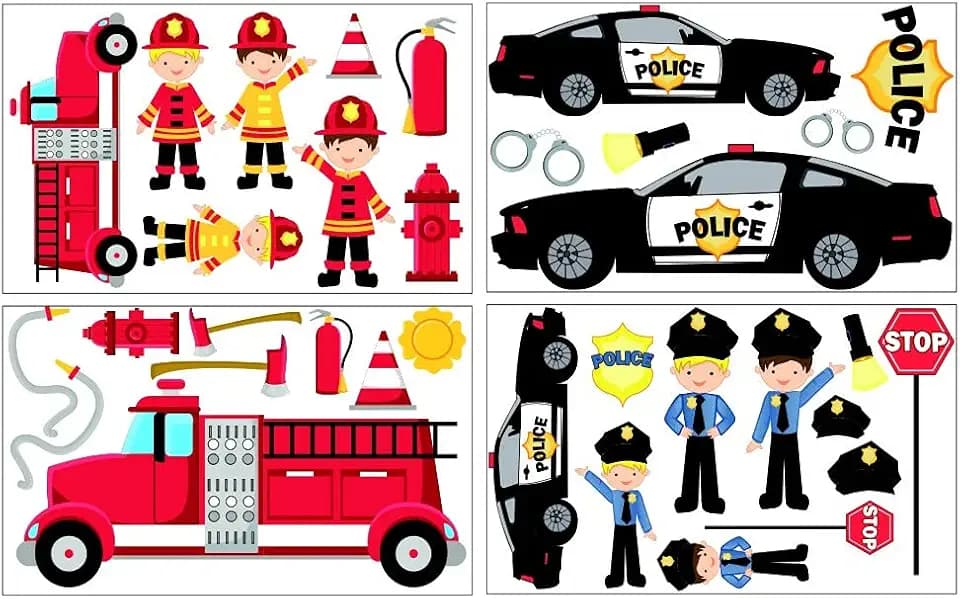Samunshi® 34x Wandtattoo Feuerwehr Polizei Set Wandbilder Kinderzimmer Deko Junge Wandtattoo Kinderzimmer Mädchen Wandsticker 4x 16x26cm