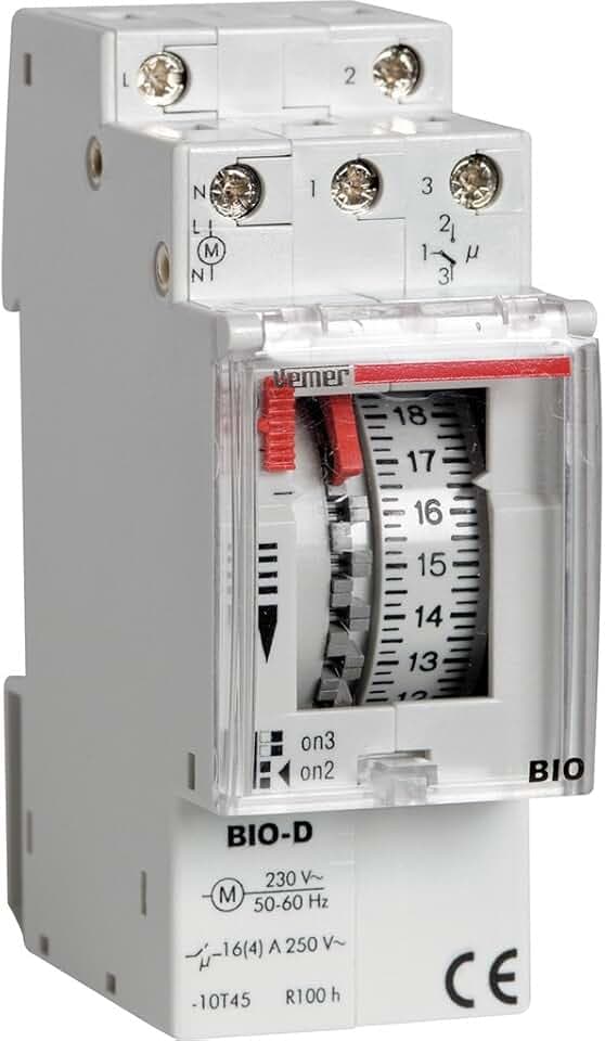 VEMER VE087300 Bio-D - Elektromechanisch Zeitschaltuhr mit Steckreitern mit Tagesprogrammierung, Montage DIN-Hutschiene, Hellgrau