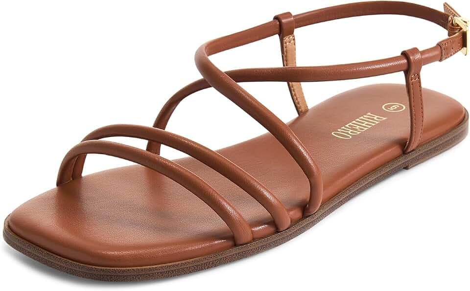 Rihero Women's Summer Square Toe Strappy Flat Sandals