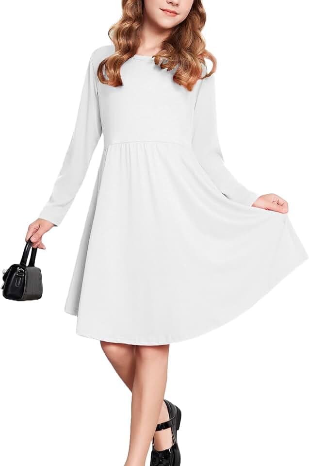 Parabler Kleider Mädchen BaumwollKleid Kinder Frühling Langarm Kleid A-Linie Freizeit Rundhals Kleider Festlich Elegantes Kleid mit Tasche Unregelmäßigem Saum, 5-15 Jahre