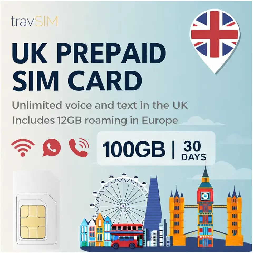 travSIM UK SIM Card | 100GB Data + Unlimited Calls & Texts | 4G/5G Speed | Works Throughout the UK | SIM Card UK is Valid for 30 Days