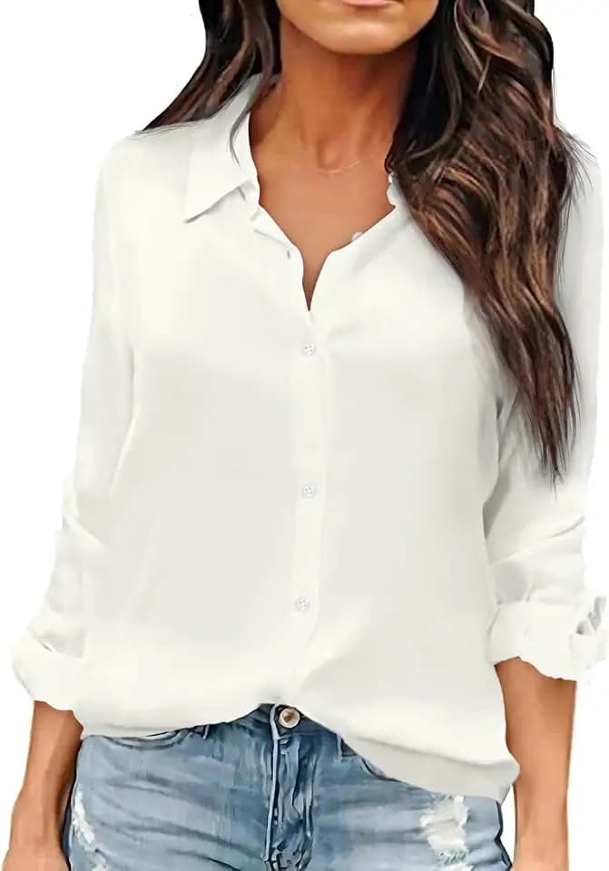 OMSJ Women Button Down Shirts Long Sleeve Chiffon Office V Neck Casual Business Blouses Tops