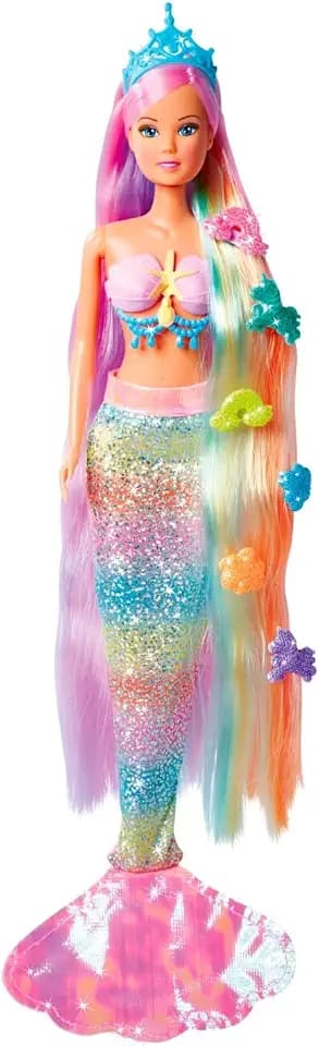 Simba 105733610 - Steffi Love Rainbow Mermaid, Ankleidepuppe als Regenbogen Meerjungfrau mit bunten Haaren, Haarclips, Kamm und Abnehmbarer Flosse, 29cm Spielpuppe, ab 3 Jahren