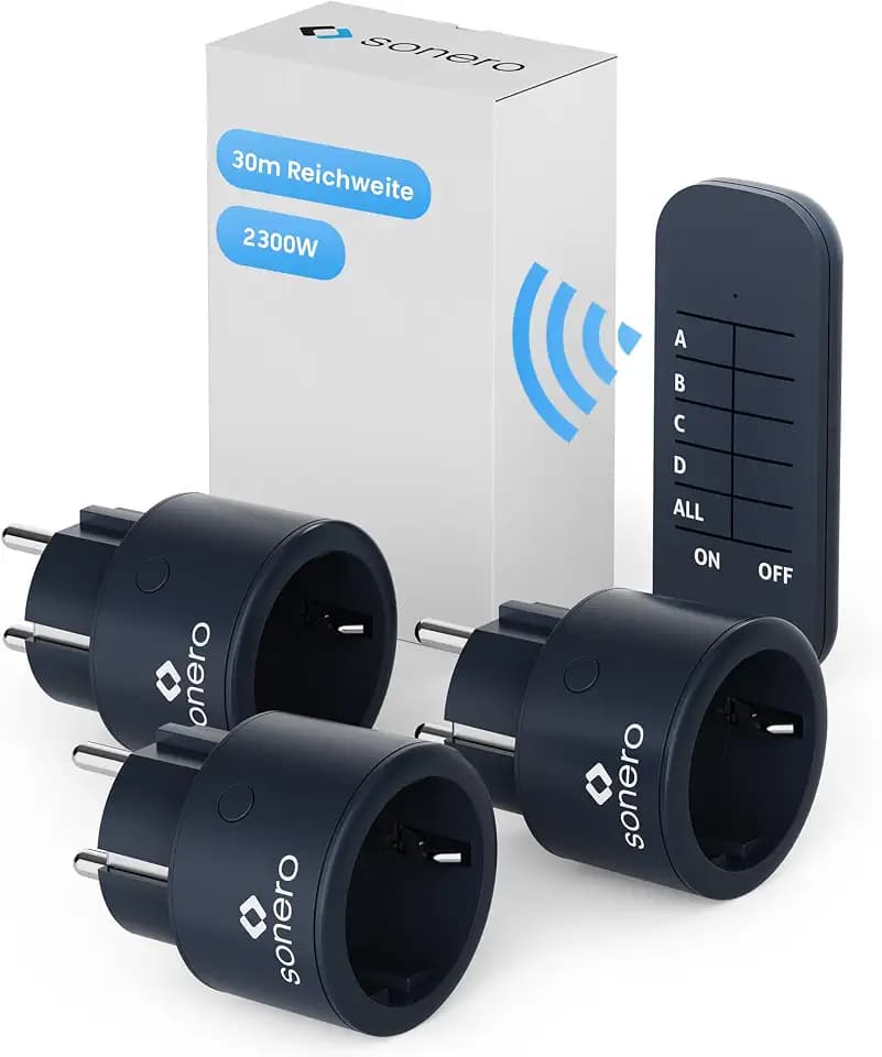 sonero ® Set mit 2300 Watt Funksteckdosen | 3 x Fernbedienungssteckdose | 1 x Fernbedienung | 1 x CR2032 Batterie, 3 V DC, anthrazit, Steckertyp - F