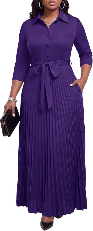 Runwind Womens Maxi Dress 3/4 Sleeve Button Down Pleated Church Work Dress