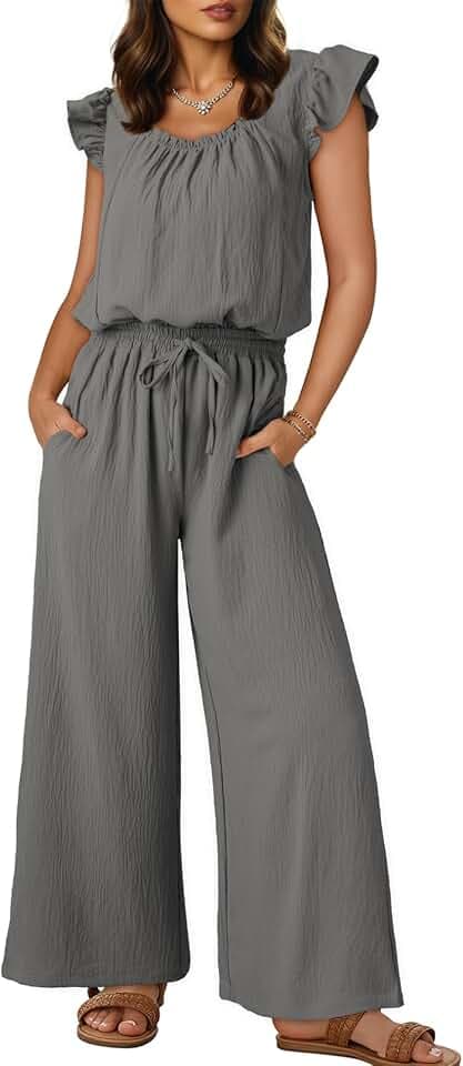 Dokotoo Jumpsuits for Women 2026 Summer Ruffle Sleeves Square Neck Rompers Drawstring Overalls with Pockets