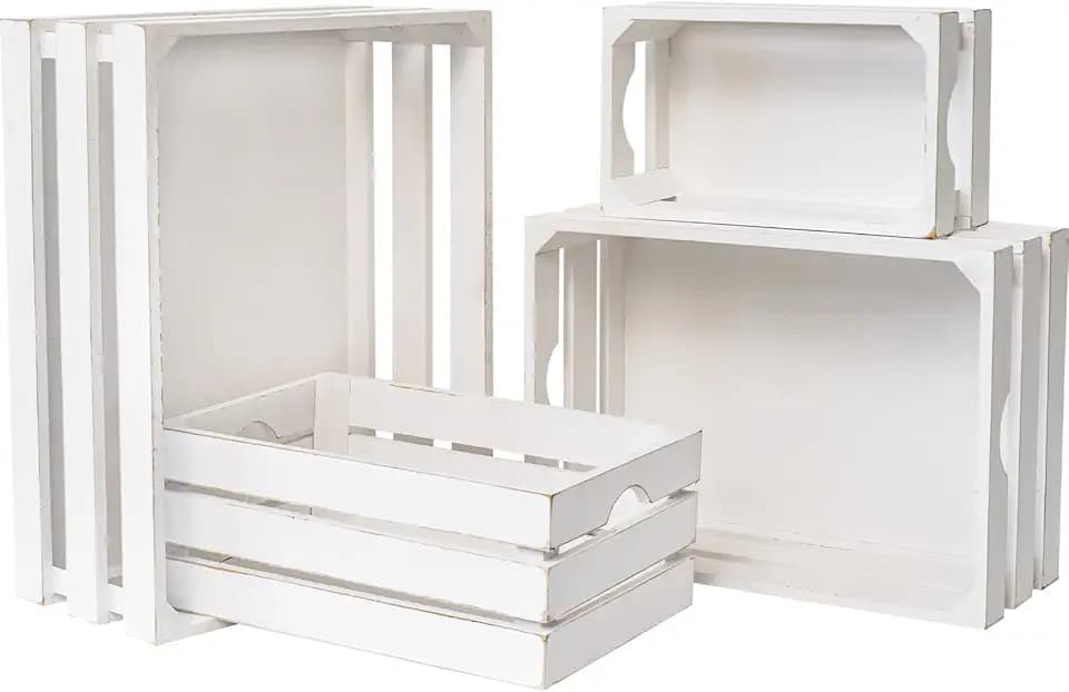 Set of 4 Large Wooden Crates Decorative, Whitewashed Nesting Wooden Crates for Display Rustic, Farmhouse Wooden Storage Container Boxes Made from 100% Wood