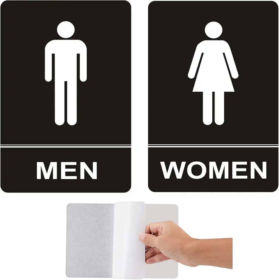 Restroom Sign - (2 Pack ) Metal Restroom Signs for Business with Strong Self-Adhesive, Bathroom Signs for Home Door or Wall, Ideal Unisex Restroom Signs for Women and Men, Easy to Install (Black Men and Women, 9" x 6")