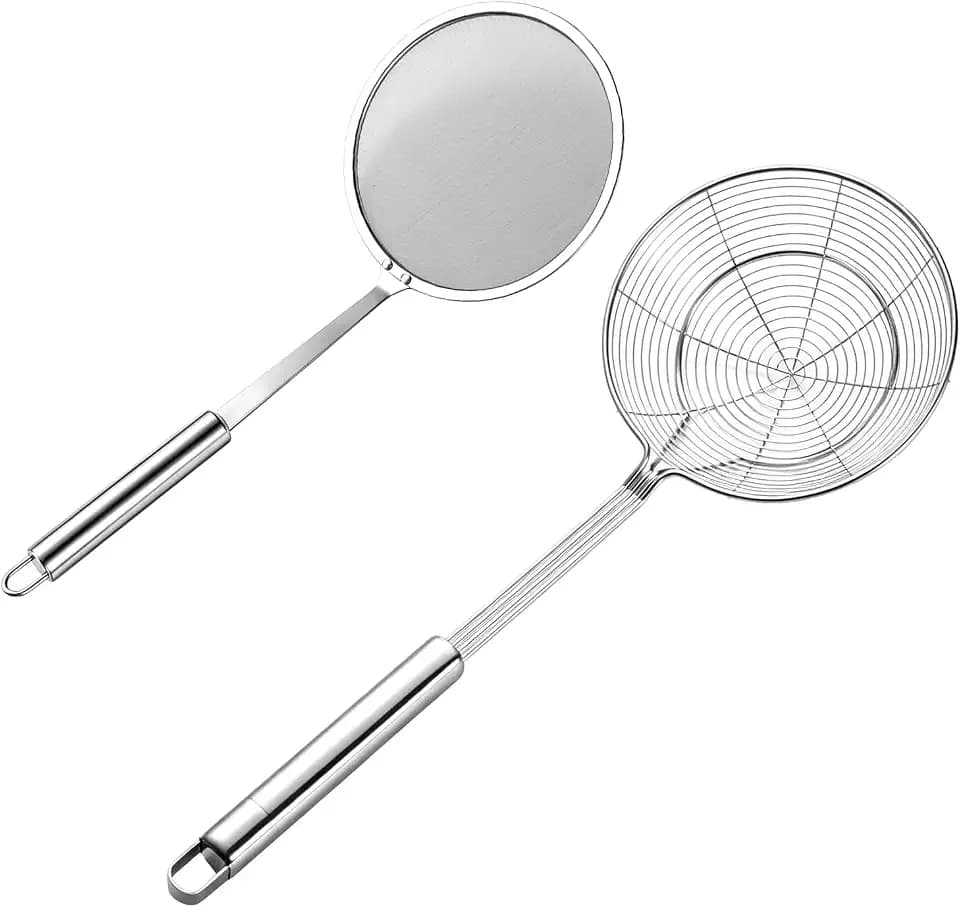 2PCS Stainless Steel Spider Strainer Set, Wire Mesh Skimmer Spoon for Frying, Noodles, Dumplings, Hot Pot & Soup