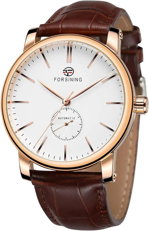 MASTOP Men's Minimalist White Dial Automatic Watch Stainless Steel with Leather Strap Mechanical Watch for Men