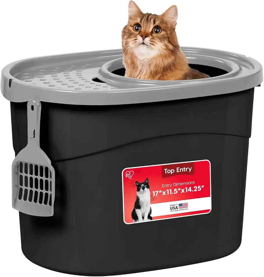 IRIS USA Top Entry Cat Litter Box, Hooded Privacy, Large, Black/Gray