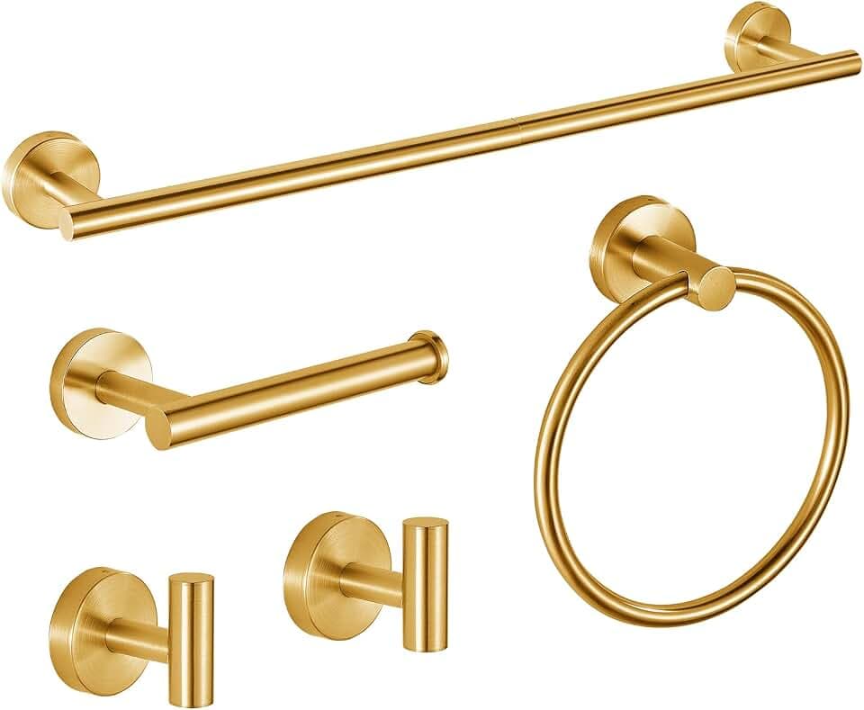 Gold Badezimmer Hardware Set, SUS304 Edelstahl 60 cm Handtuchstange, Toilettenpapierhalter, Handtuchring, Bademantelhaken, Wandmontage Badzubehör für modernes Badezimmer, 5-teilig
