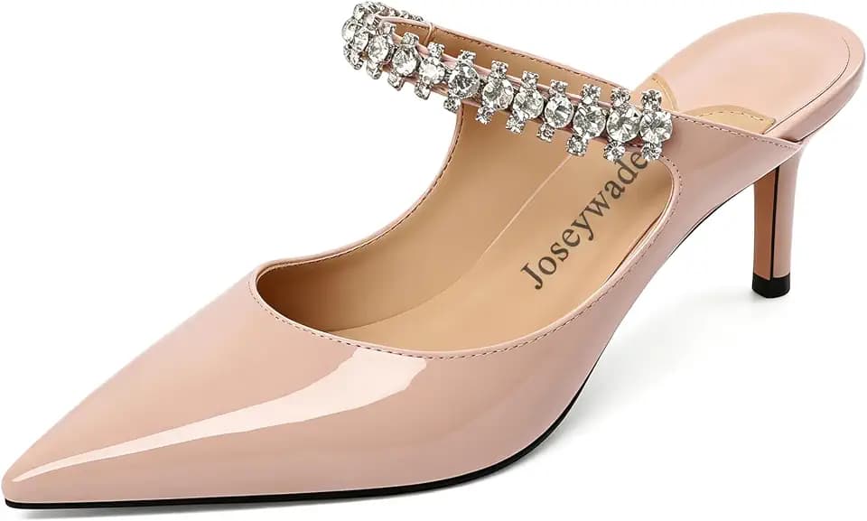 Joseywade Women Heeled Mules Sandals Pointed Toe Slip On 2.5 Inch Kitten Crystal Mule Heels For Vacation Outfit Shoes