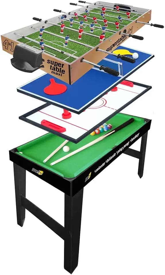Sport1 Maxi Supertable 4-in-1 Tischfußball, Maße: 122 x 60 x 81,5 cm, Mehrzweck-Karte: Tischfußball, Tischtennis, Hockey, Billard, inklusive Zubehör, Geschenkidee