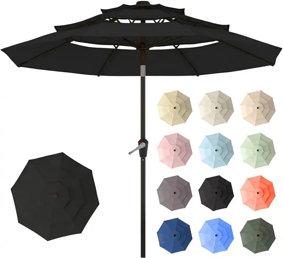 10ft Patio Umbrella, 3 Tier Outdoor Market Table Umbrellas with 8 Fiberglass Ribs and Push Button Tilt, Windproof, Vented Canopy, UV Protection for Deck, Pool, Backyard