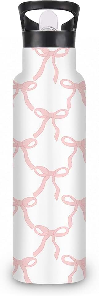 Pink Bows 20 oz Insulated Water Bottles Stainless Steel Thermal Bottle Leak Resistant with Straw Twist Cap and Handle for Sports Coffee Mug Cup