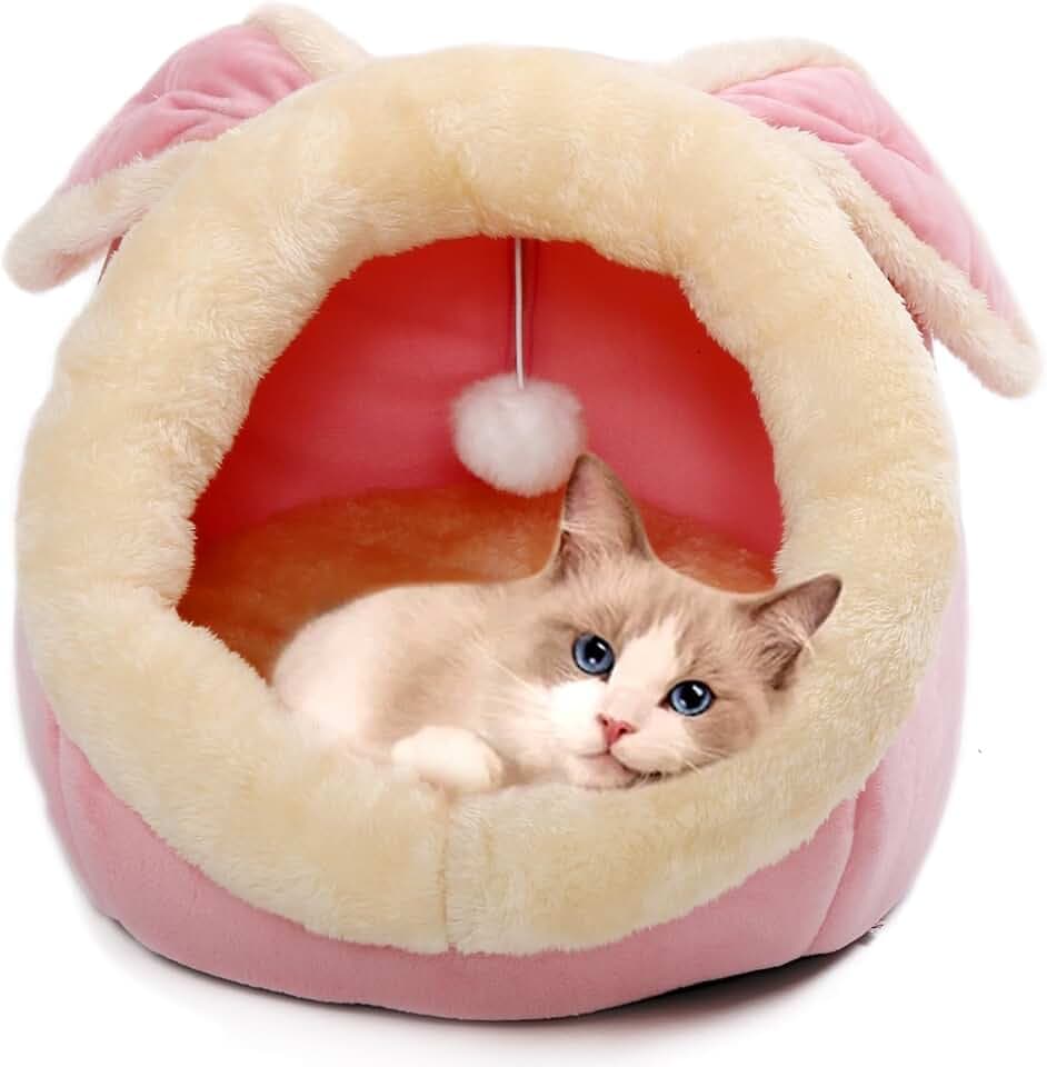 Cat Beds for Indoor Cats-Rabbit-Shaped Cat Cave Bed with Hanging Toy,Pink L