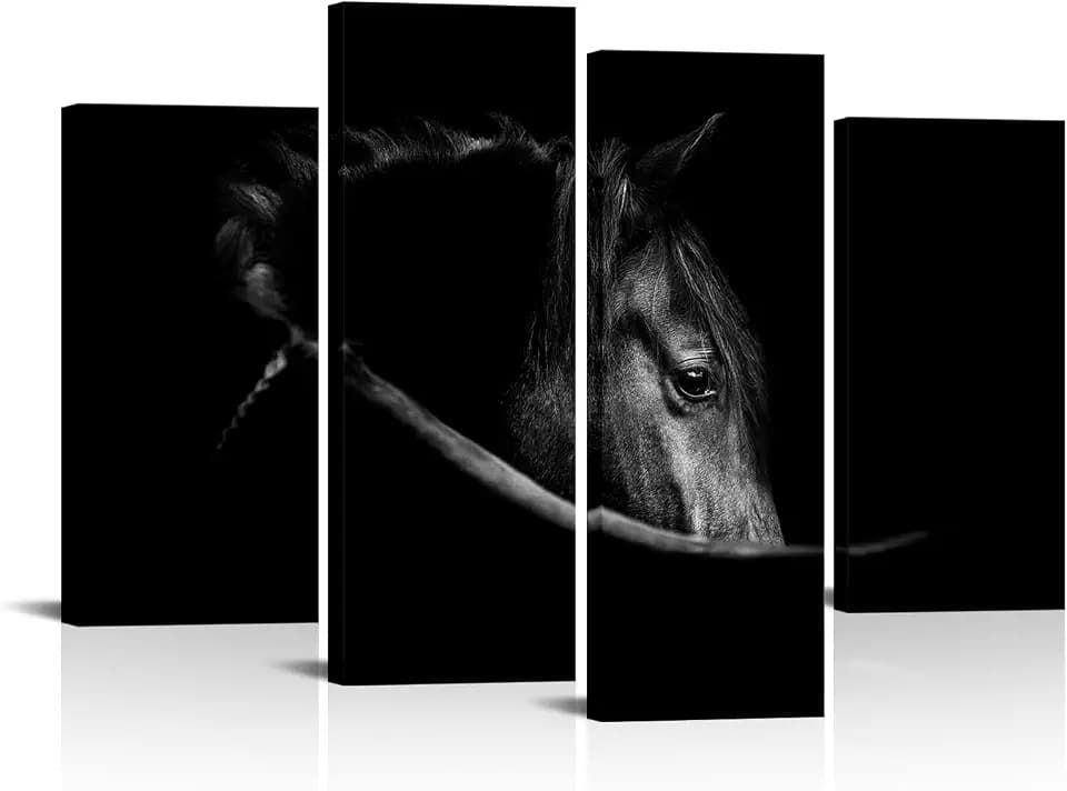 KLVOS Black and White Horse Painting Wall Art Vintage Animals Picture Print on Canvas 4 Panels Cool Artwork Stretched Framed Modern Living Room Home Men Office Bedroom Decoration
