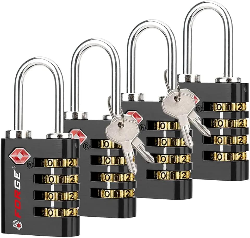 Forge Dual-Opening: Key or Combination Access Lock, TSA Approved Locks for Luggage, Pelican case, Travel, Gym, School, Stainless Steel Shackle. (Black, 4 Pk)