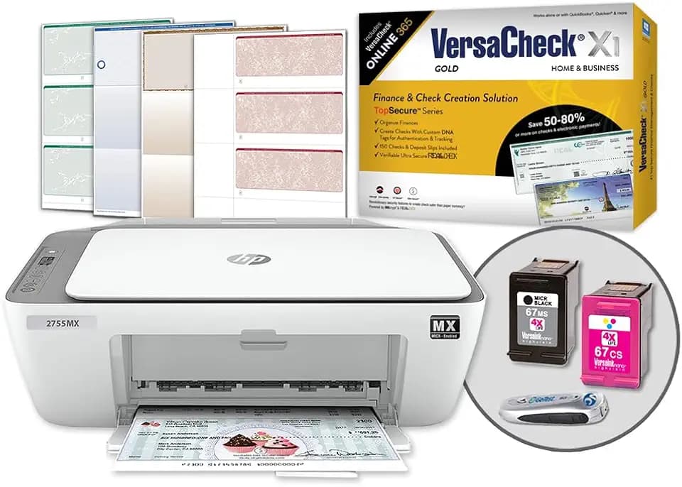VersaCheck HP Deskjet 2755 MX MICR All-in-One Check Color Printer Gold Check Printing Software Bundle, White (2755MX)