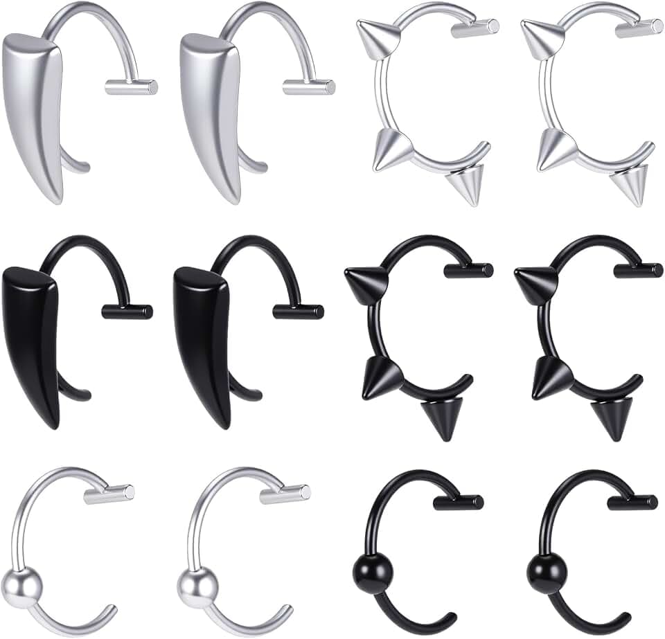 12 Pcs Fake Lip Ring Fake Snake Bite Non-Piercing Lip Cuff Ear Cuff Stainless Steel Vampire Teeth Ring Septum Nose Piercing Set for Women Men (Black Silver)