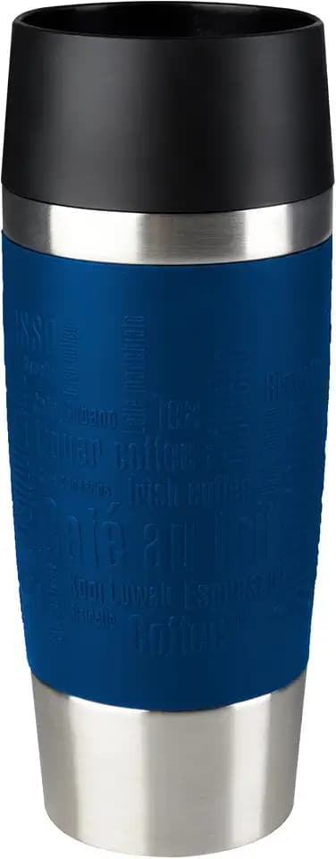 EMSA Travel Mug, Classic Thermobecher, 0,36 L, Doppelwandige Vakuumisolierung, 4 Std. heiß, 8 Std. kalt, 360° Trinken, Soft-Touch Silikonhülle, Edelstahl, Blue, 513357