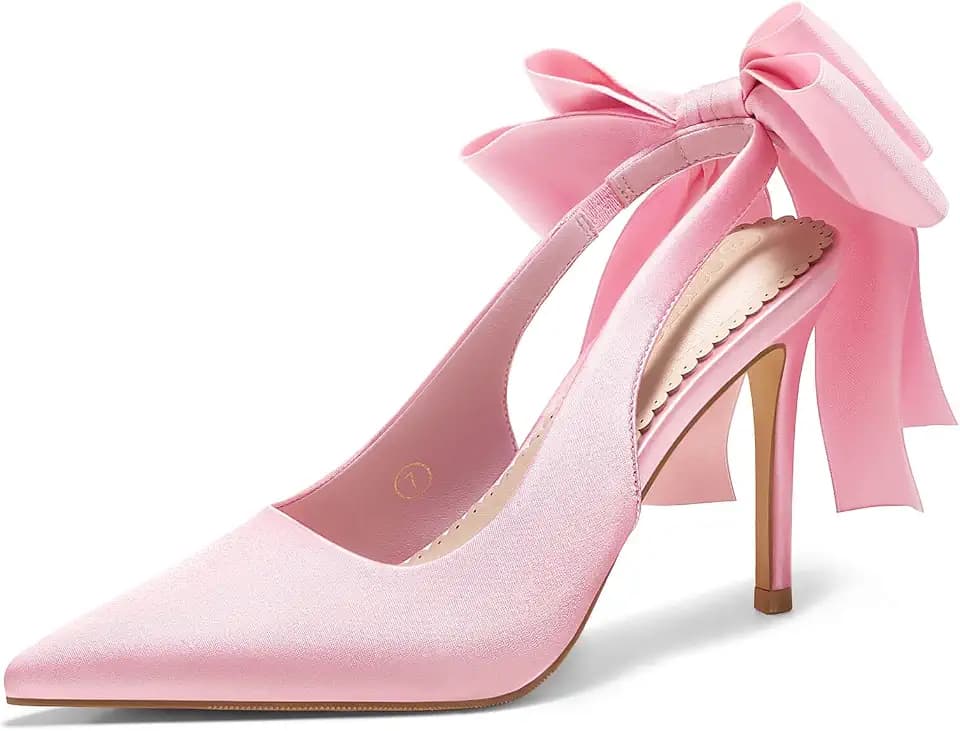 Coutgo Womens Slingback High Heels with Bow Closed Pointed Toe Wedding Bride Dress Shoes Satin Pumps