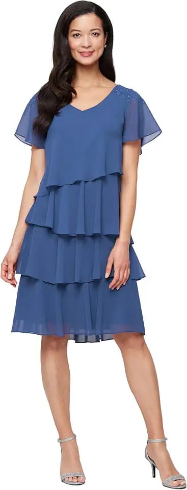 S.L. Fashions Women's V-Neck Chiffon Cocktail Dress with Beaded Shoulders and Asymmetrical Tiers