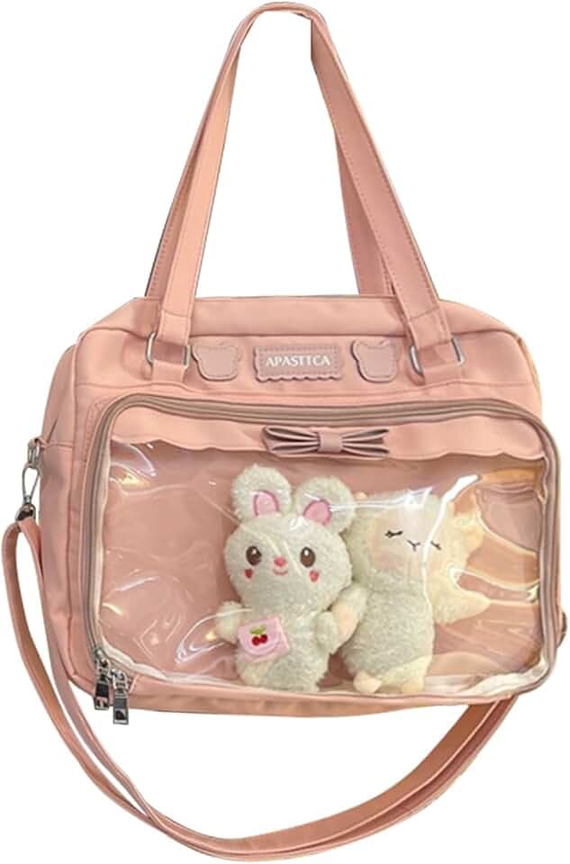 Ita Bag Kawaii Crossbody Bags Japanese Messenger Purse Clear Compartment & 2 Cute Plush Dolls for Women Pink