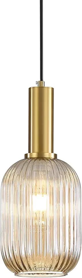 Moderne Vintage Glas Lampenschirm Hängeleuchten & Pendelleuchten, E27 Gold Lampenfassung, Hängelampe einflammig für Küche, Esstisch, Schlafzimmer und Wohnzimmer (Bernstein, 13cm)