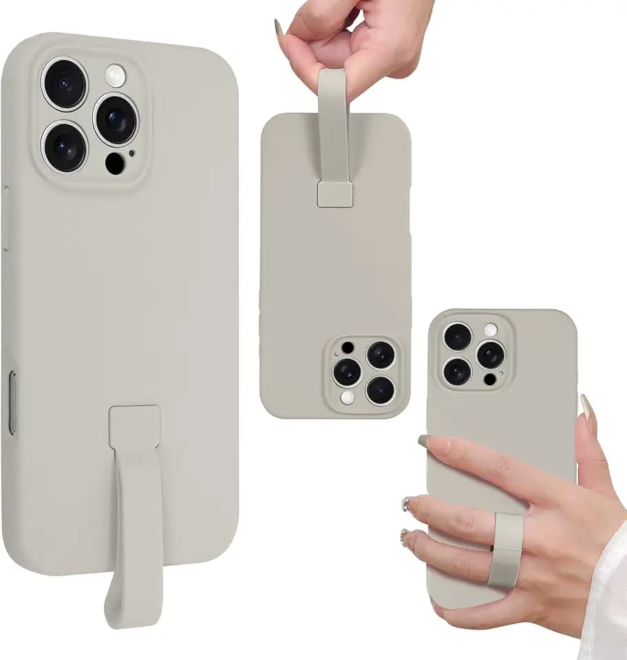 SOKAD for iPhone 16 Pro Max Case with Finger Strap, Slim Liquid Silicone Rubber 3 Layers Phone Case with Finger Grip for Women Men, Full Camera Protection Shockproof Case Cover, Grey