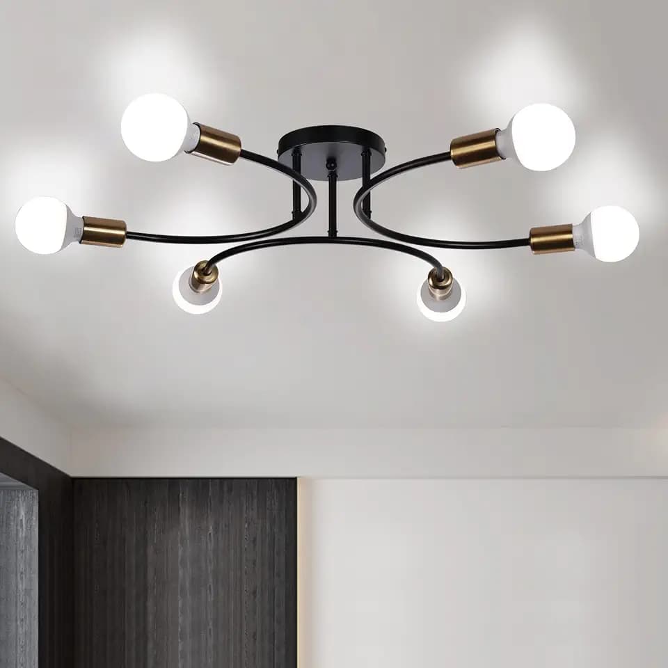 FRIXCHUR 6-Light Sputnik Semi Flush Mount Ceiling Light Black Gold E26