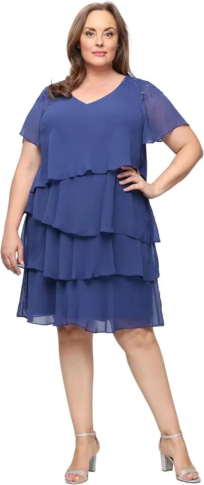 S.L. Fashions Women's V-Neck Chiffon Cocktail Dress with Beaded Shoulders and Asymmetrical Tiers