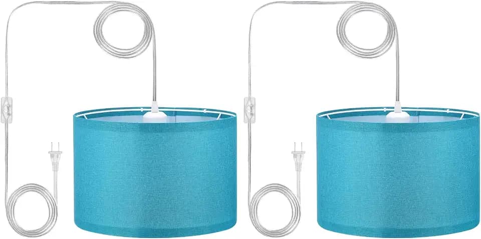 PATIKIL Plug in Pendant Light, 2 Pack 15Ft Rope Cord Hanging Lamp Fixture with ON/Off Switch, Linen Fabric Shade E26/E27 Bulb Socket for Bedroom Kitchen Living Room, Dark Blue